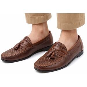Brass Boot Walking Gloves Brown Woven Braided Leather Loafers Tassel Mens 9.5